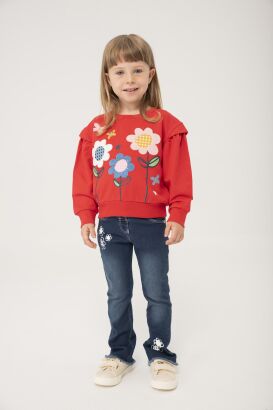 BOBOLI Spodnie jeansowe dla dziewczynki "białe kwiaty"206019-BLUE